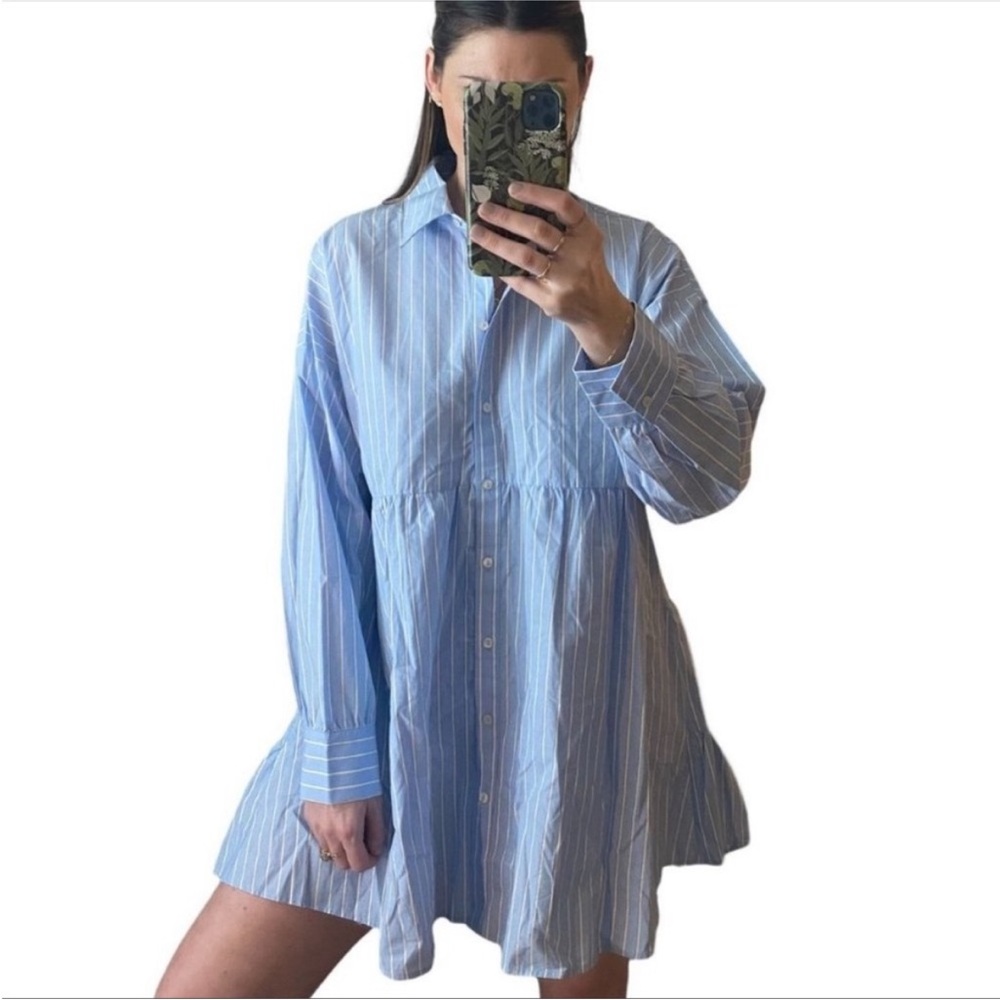 Zara blue pinstripe shirt dress tunic size Large - Picture 16 of 16